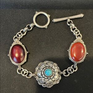 Lucky Brand Silver Bracelet with Red and Turquoise Accents